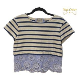 Sea New York Striped Lace-up Back Lace Hem Blouse🤍💙🤍